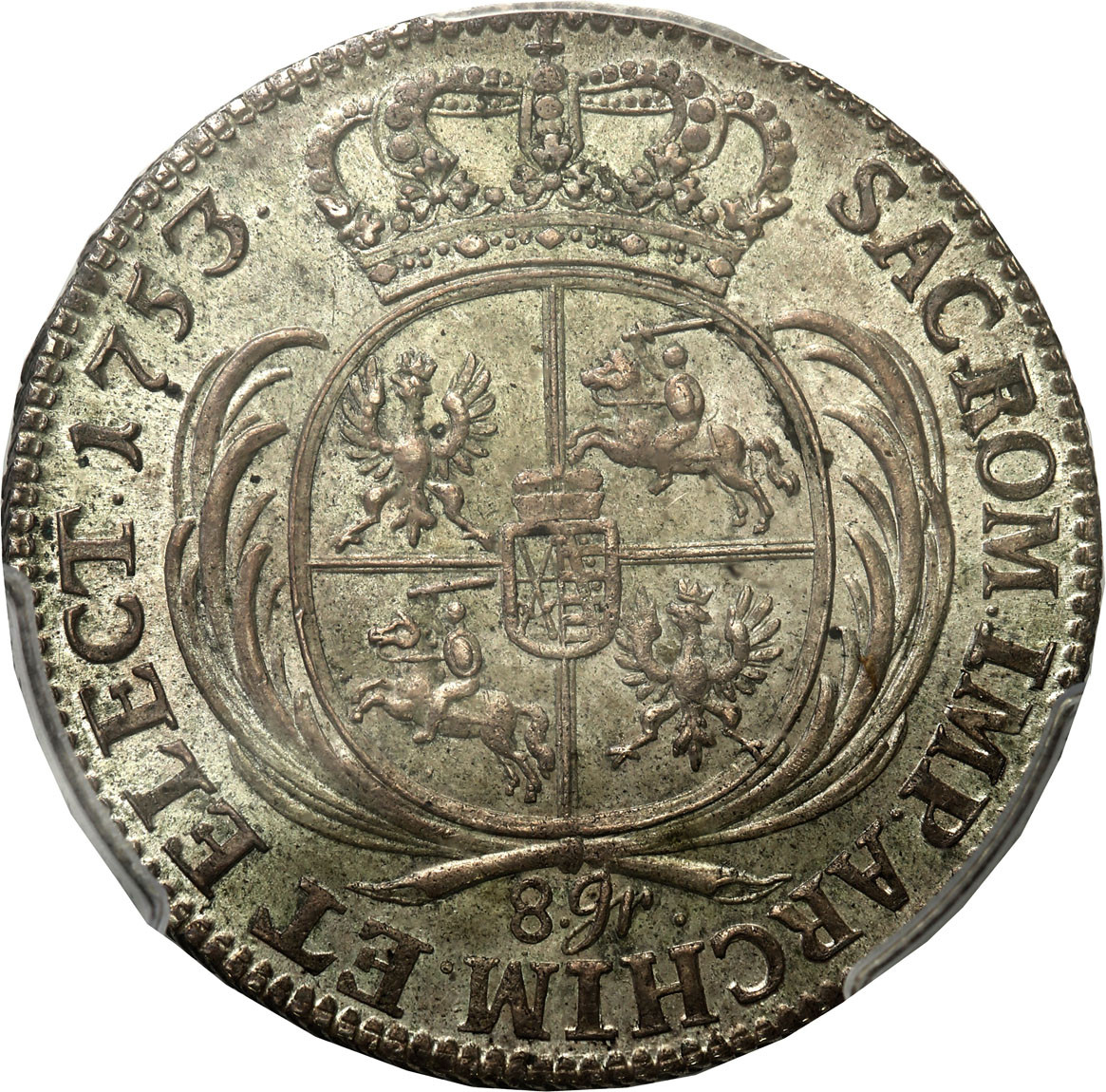August III Sas. Dwuzłotówka (8 groszy) 1753, Lipsk - skrót gr (groszy) małymi literami - PCGS MS64 (MAX) - WYŚMIENITY
